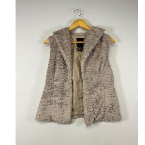 Boho Chic Me Jane Womens Medium Taupe Hooded Shaggy Faux Fur Open Front Vest